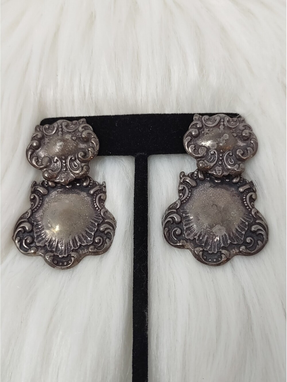 T Foree Hunsicker Sterling Victorian Repousse Drop Earrings